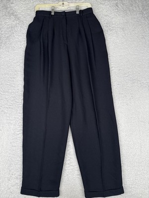 Vintage Rena Rowan For Saville Dress Pants Womens 10 Black Pleated Cuffed Poly