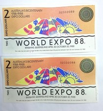 Ersatzbanknoten Australien, 2 x 2 EXPO DOLLARS, Brisbane, 1988, UNC.