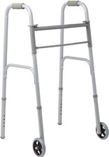 Medline Lightweight Two Button Folding Walker 5" Wheels, 300 lbs Metallic