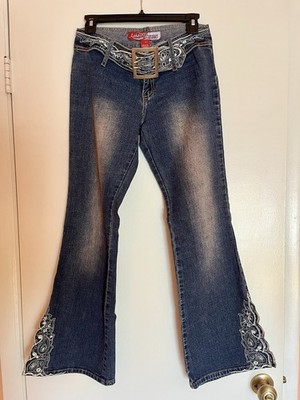 Lazer Jeans Womens Blue  Embroidered Floral Paisley Flare Leg Size 3 Vintage Y2K