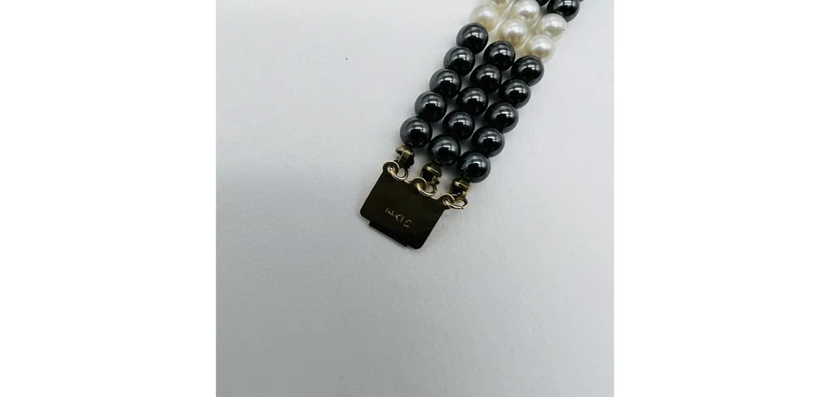 Vintage 14kt Gelbgold Hämatit und Perle 3 Strang Armband 6 3/4"