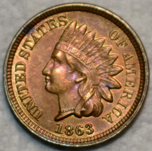 AU-UNC 1863 Indian Head Cent, Razor-Sharp specimen.