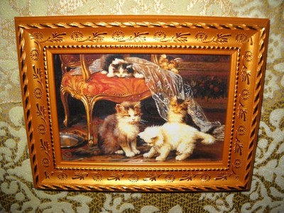 5 CATS PLAY TOGETHER 3 X 5 gold framed art print Victorian style animal picture