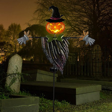 Halloween Yard Stake, 46.4" Solar Lighted Metal Pumpkin Head Scarecrow Stake, Ou