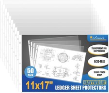 11x17 Inch Sheet Protectors 50 Pack Clear PP Side Loading 3-Hole Punched Ledger