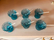 Set of 6 Vintage Blue Salt Cellars with Glass Spoons