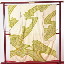Japanese Kimono 'FURISODE' Silk/yellow-green/Shibori/History/Length:156cm N0601