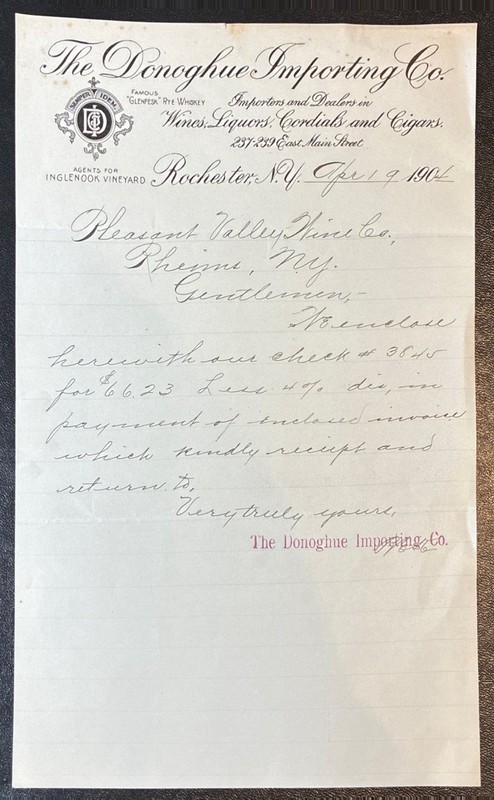 ROCHESTER, NY ~ THE DONOGHUE IMPORTING Co., Wines & Liquors ~ Letter Sheet 1904