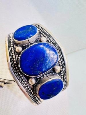 Selten Edelstahl Oval 3 Lapislazuli Edelstein Handarbeit Schmuck Armreif Armband