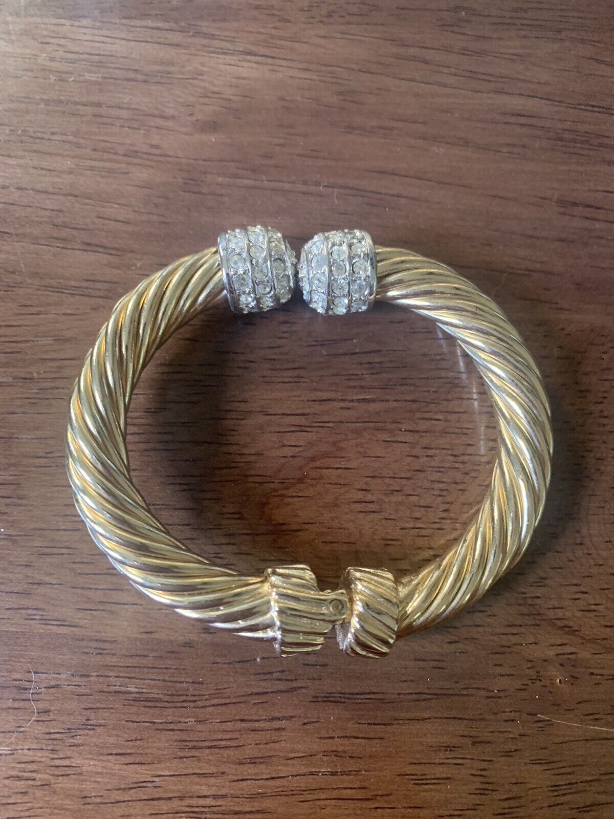 Vtg Gold Tone Swirl Rhinestone Tip Clamp Bracelet - image 1