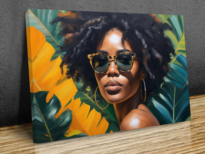 Beautiful lady Afro hair Tropical leaves  background   mounted canvas print