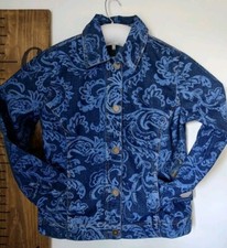 Gloria Vanderbilt Casuals Blue Design on Blue Jean Jacket size Sm New Boho Chic