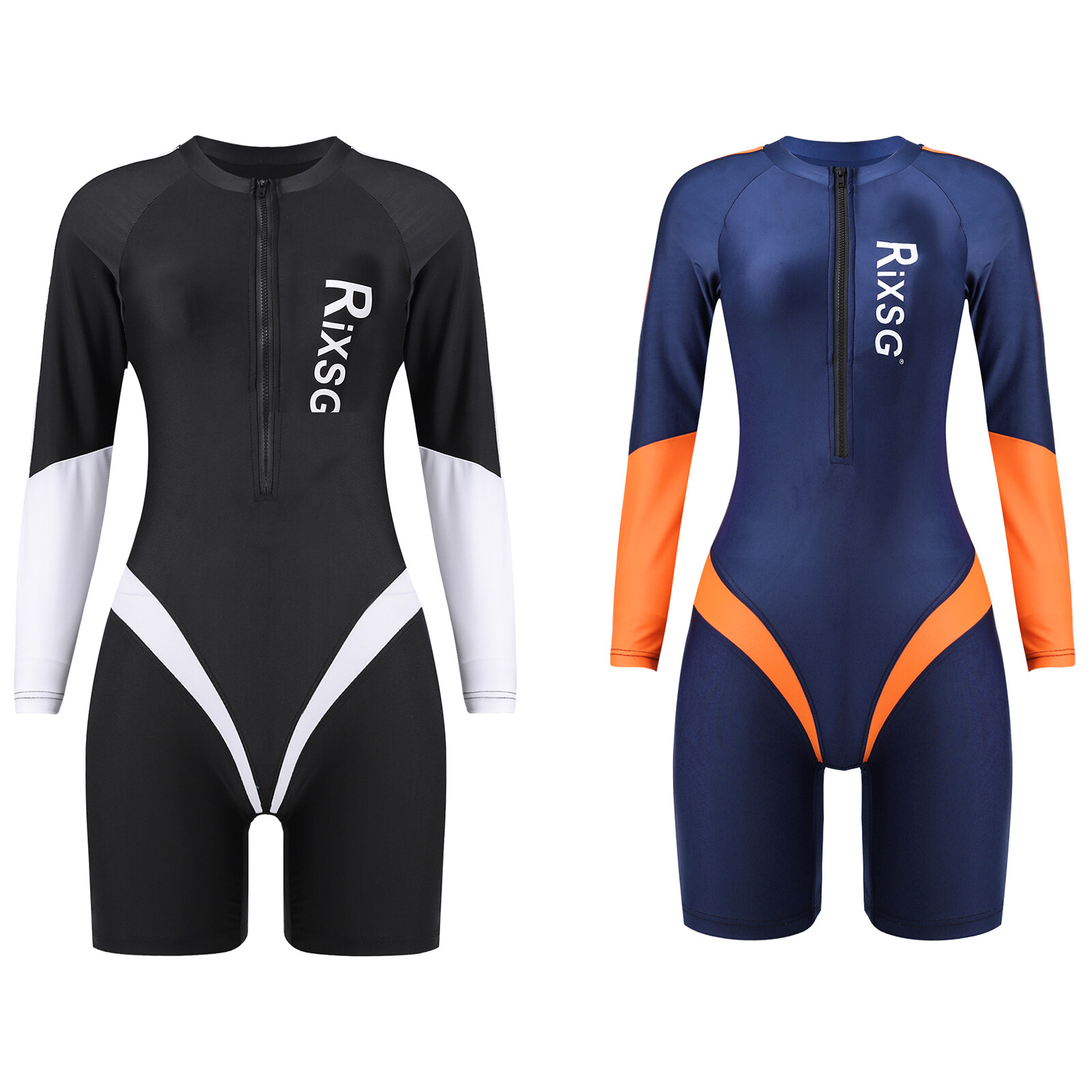 Womens Onepiece Color Block Swimsuit Long Sleeve Zipper Jumpsuit