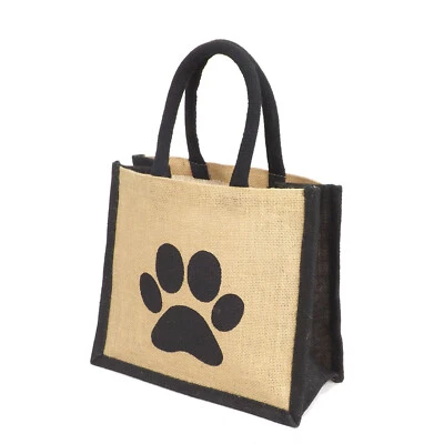 COOCOO Jute Hessian Lunch Gift Black Trim Bag / Small Shopper - Printed Dog Paw Motif