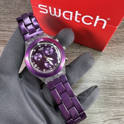 NEW✓ SWATCH IRONY FULL BLOODED BLUEBERRY PURPLE ALUMINUM 43MM