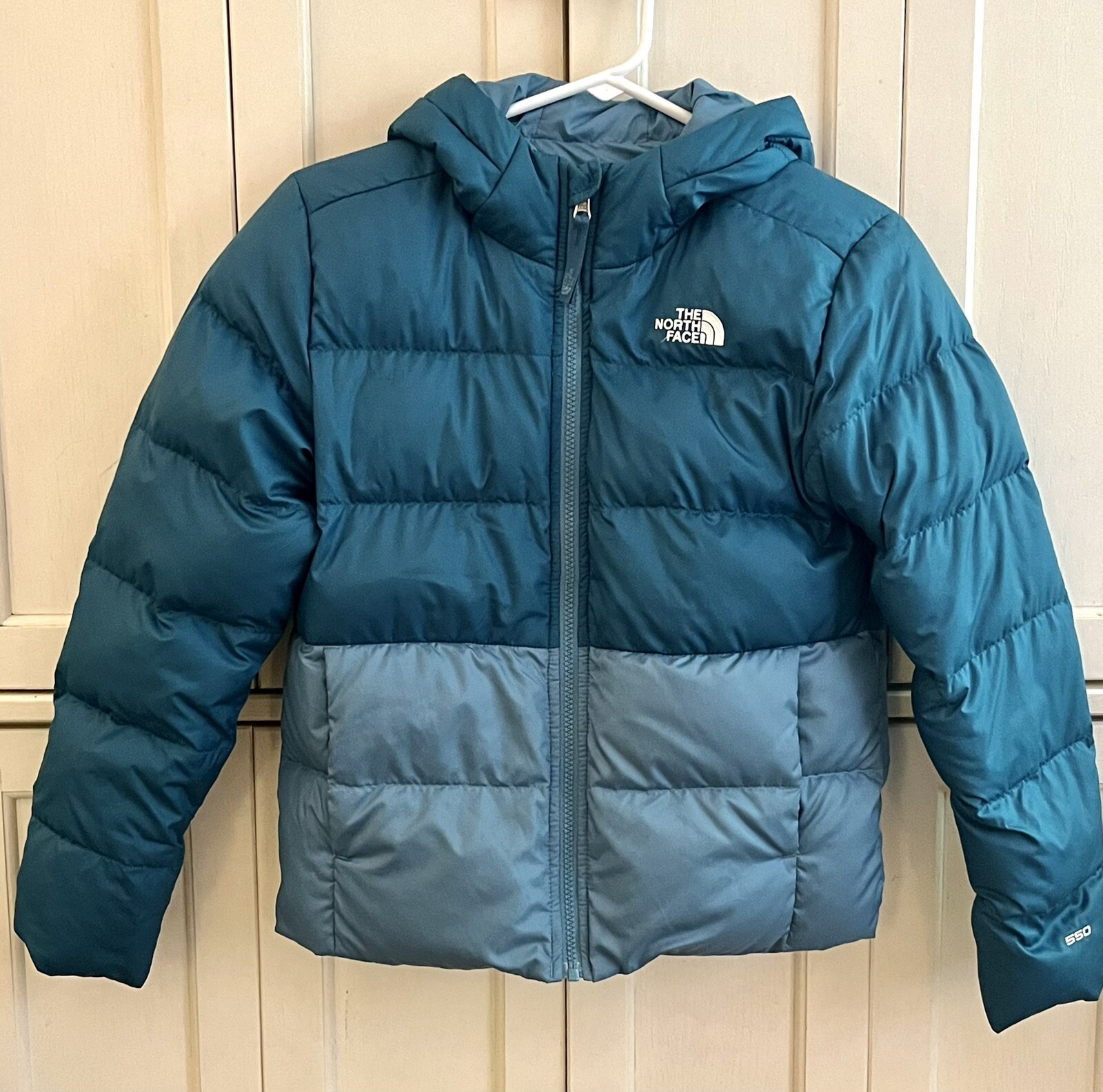 The North Face Hyalite 550 Down Hood Zip Reversible Jacket Blue Girl Lg