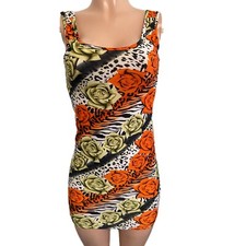 Y2K ORANGE COLORFUL FLORAL PRINT LINED BI SLIP MINI DRESS NWTS GLAM Bodycon