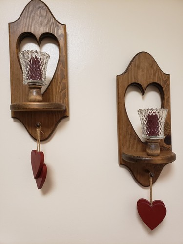 Pair of Vintage WOODEN HEART SCONCES Candle Wall Hangings 15" W/2 Hanging Hearts - Picture 8 of 21