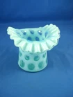 Vintage Fenton Blue/ Green Opalescent Coin Dot Ruffled Glass Top Hat Vase 3 1/2"