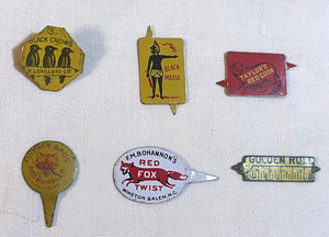 Vintage, Lot of 6, Tin Tobacco Tags With A Color In The Names, Misc. Brands