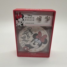 Disney Minnie Mouse Crystal Sterling Silver Stud Earrings Trinket Dish Set NWT