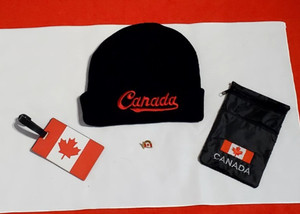 4PC Canadian Flag Travel Ensemble Toque, Pin, Passport Wallet & Luggage *Mint A+