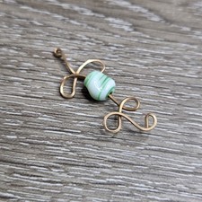 Gold Tone Swirl Glass Bead Pendant Wire Wrapped Artisan Charm