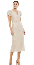 MAC DUGGAL Ruffle Sleeve Beaded Sheath Midi Dress Oyster Beige 12 | 10810 NWT