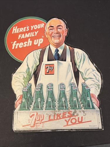 VINTAGE 7UP LIKES YOU HERE’S YOUR FAMILY “FRESH UP” REPRODUCTION CARDBOARD EASEL