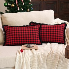 Outdoor Christmas 20" x 12" Pack of 2 Red  Black Lumbar with Tassels 