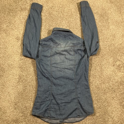 Ci Sono Pearl Snap Chambray Tunic Womens Small Westerncore Elbow Patches Cowgirl - Picture 8 of 10