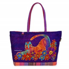 Laurel Burch Catnificent Rainbow Cat Flowers LARGE Shldr Tote Bag 20"x6"x13" NEW