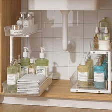 Under Sink Organizer 2 Packs, Pull Out Kitchen Sink Organizer, 2 Tier Slide O...