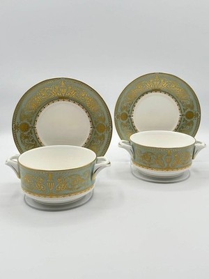 2 Royal Worcester Balmoral 1966 Bouillon Cream Soup Cups & 2 Saucers Green Gold