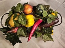 Vintage Plastic Fruits And Vegetables In Metal And Woven Basket Farmhouse Decor