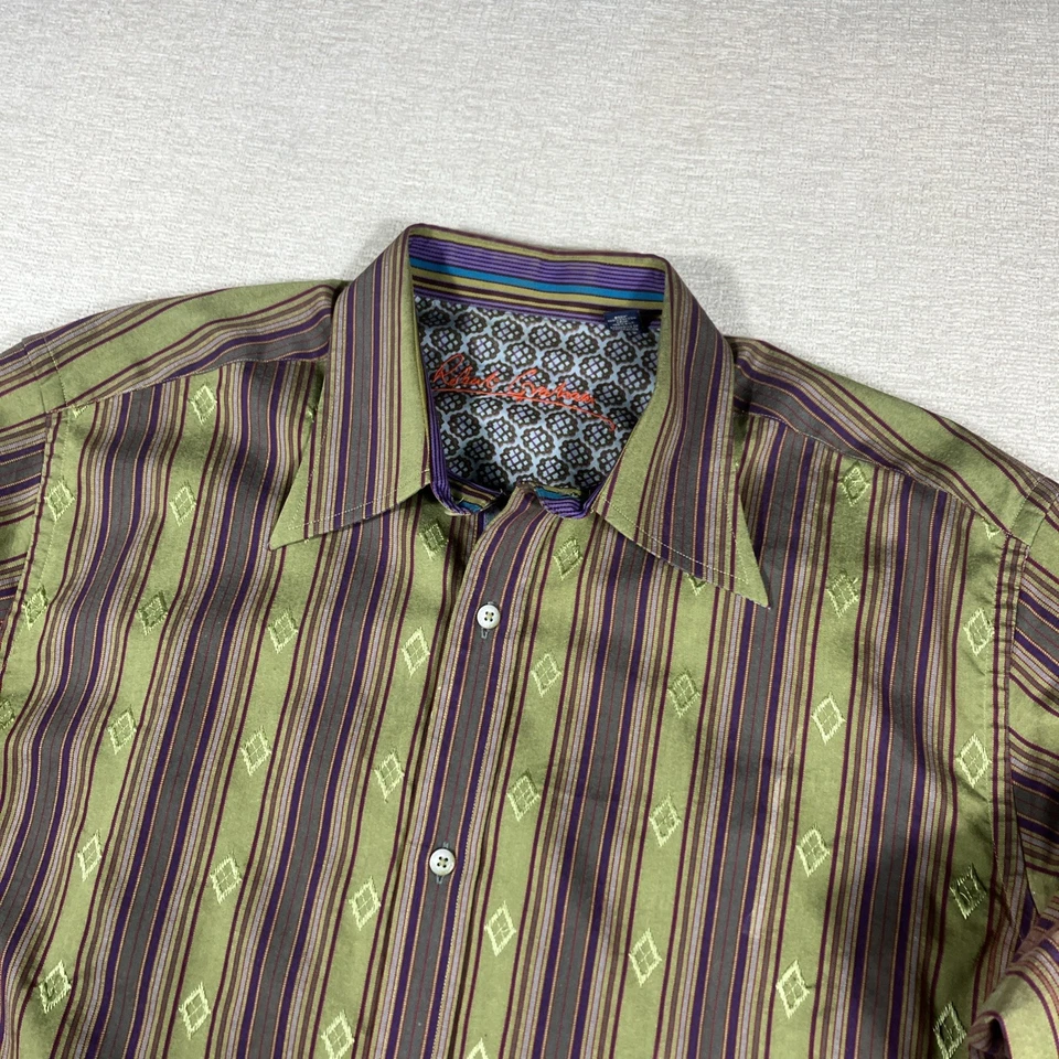 Robert Graham Men’s Dress Shirt Green Brown Hippie Cotton / Silk Size XLT - Image 3 of 4