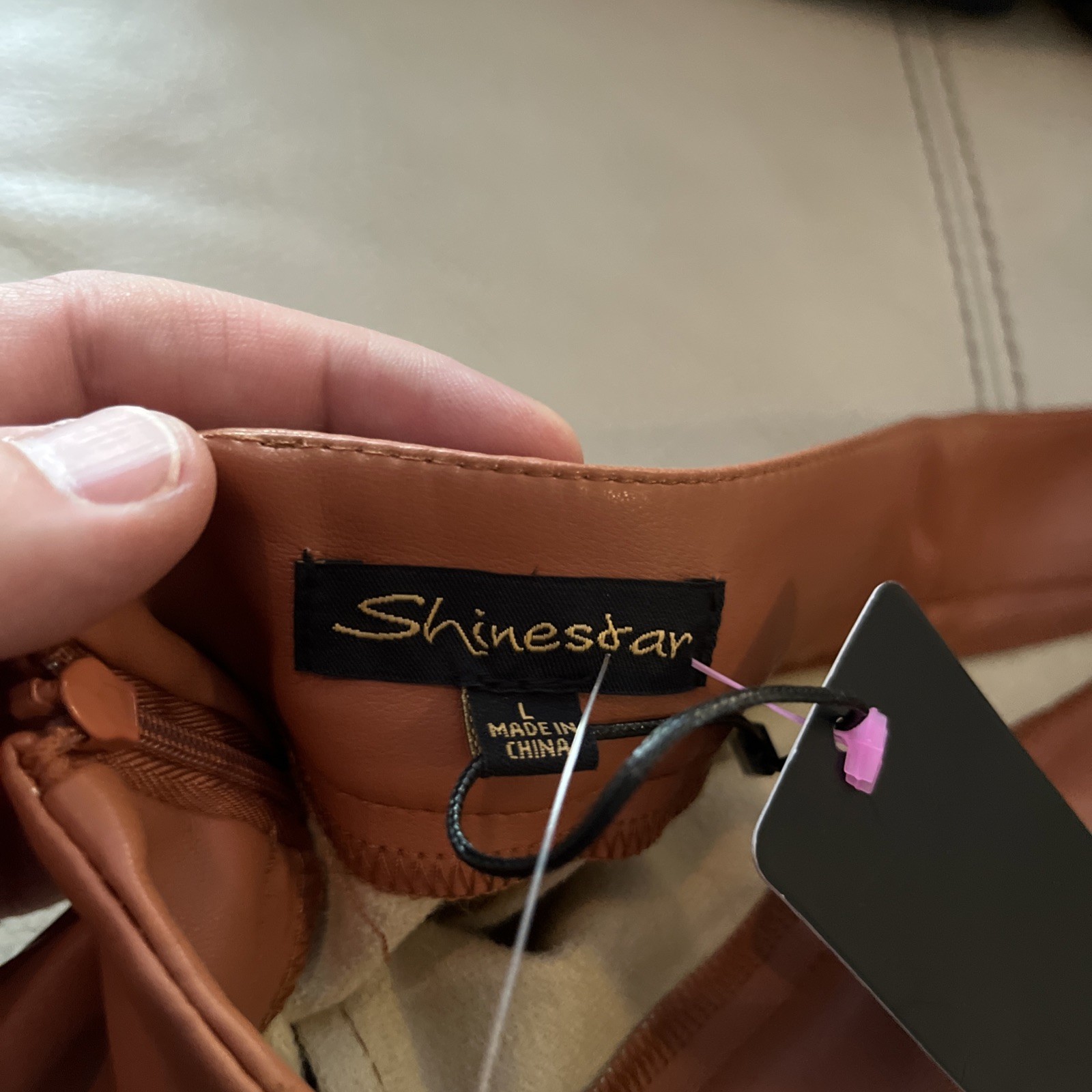 ShineStar Women's Brown Vegan  Leather Zip Mini Pencil Skirt Size L 