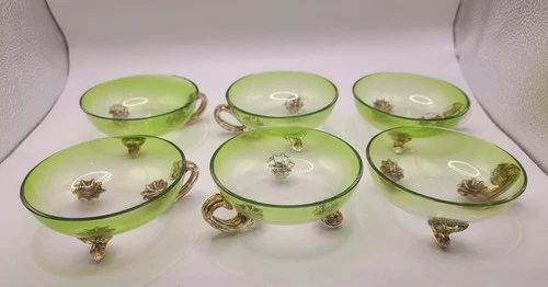 Vintage Venetian Murano Style Green Art Glass Dessert Bowls Set of 6