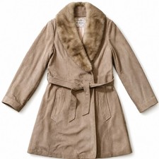 VTG Leathers By New England Taupe Mink Suede Coat Real Fur Collar Belted Size 10