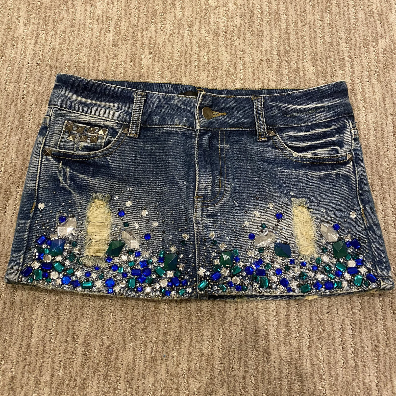 Womens Huang Shu Chi Size Small Bejeweled Denim Mini Skirt