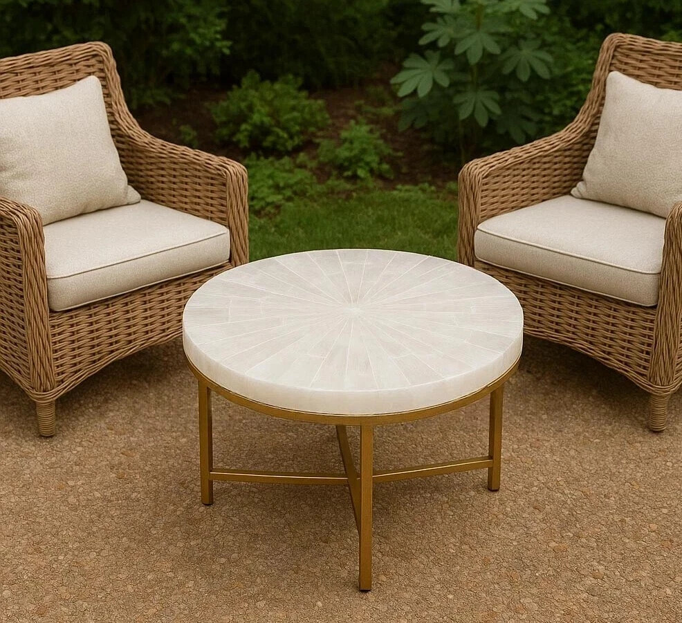 Selenite Coffee Table Top | Handmade Round Sun Rays Design | Crystal Stone Decor
