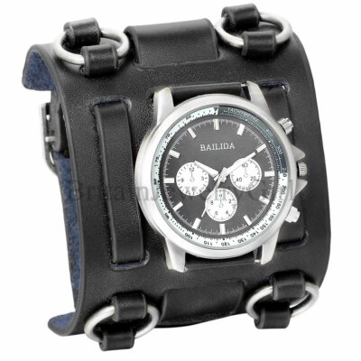 Mens Punk Style Black Wide PU Leather Watch Three Leather Straps Cuff Wristwatch