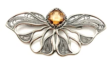 SILPADA Lacy Butterfly Brooch / Pin Sterling Silver / 925 With Apricot CZ