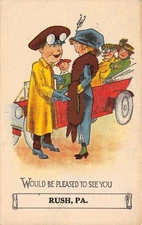 "Would Be Pleased to See You" in Rush Pennsylvania~Vintage Auto~Art Deco Lady