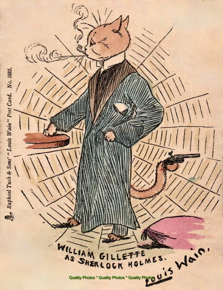 GOODS GALORE Cat as William Gillette as Sherlock Holmes 8.5x11" Photo Print Louis Wain Color