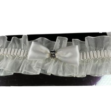 Wedding White Bridal Garter Satin Bow Rhinestone Organza 2" Stretch New