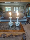 Leafy Green & Gold Vine Pattern Vintage Table Lamps Set of 2 Matching 3-Way