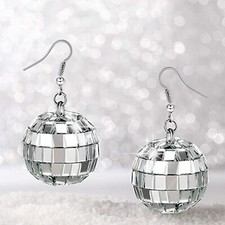 Disco Ball Earrings Silver Mirror Pierced Dance Party Jewelry Dangle Charm Bling