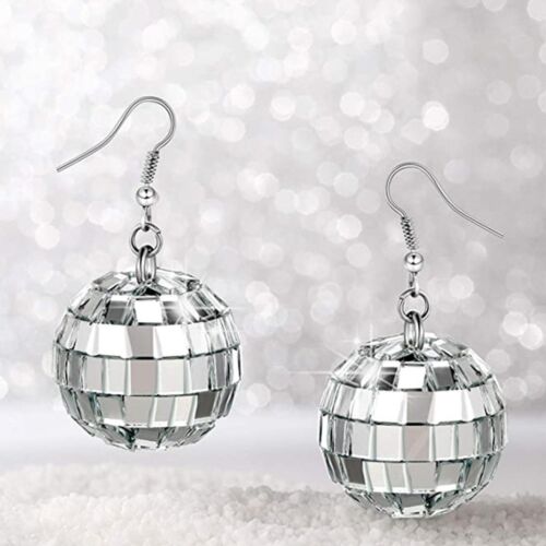 Disco Ball Earrings Silver Mirror Pierced Dance Party Jewelry Dangle Charm Bling - Picture 1 of 4