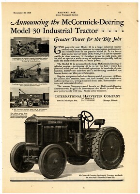 1930 McCormick Deering Ad: Model 30 Industrial Tractor Working on Railroad Jobs